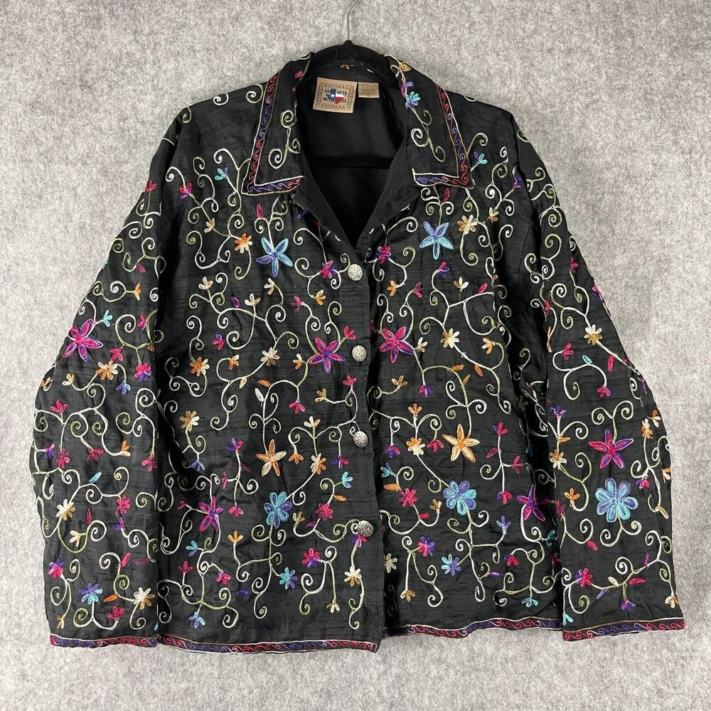 Don't Mess With Texas Embroidered‎ Silk Jacket Womens XL Floral Western Artsy